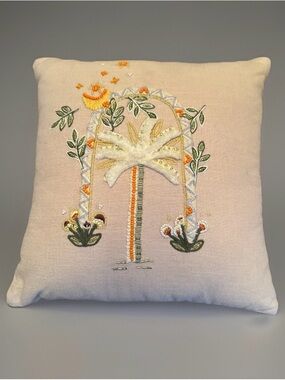 World Market Embroidered Beaded Pillow 13x12 Palm Tree Boho Tropical Accent